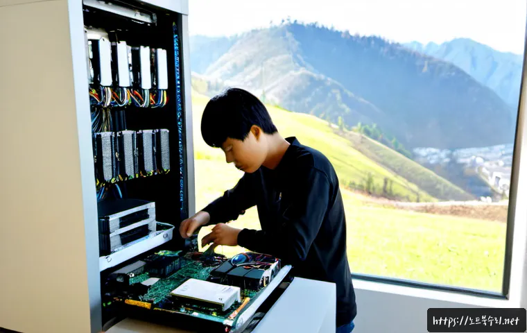 부암동 컴퓨터업그레이드 - Photorealistic computer upgrade service bench in a bright apartment near a quiet hillside neighborho...