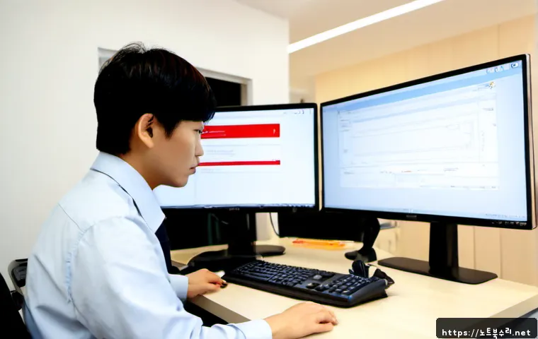 관고동 STATUS_PAGE_FAULT - Photorealistic remote-support workstation in a compact Gwangodong office, dual monitors showing a bl...