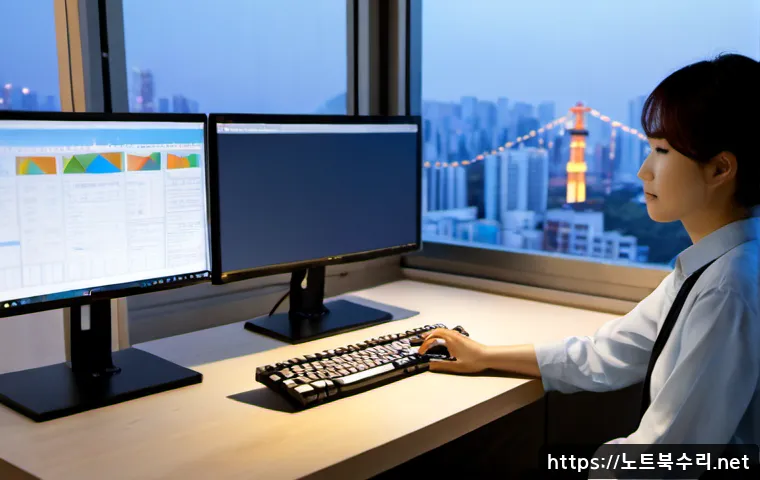 고담동 STATUS_FILE_LOCK_CONFLICT - Photorealistic architectural CAD workstation in a compact high-rise studio, dual monitors showing a ...