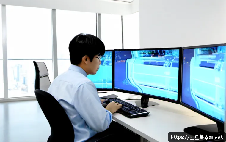 운남동 STATUS_KERNEL_STACK_CORRUPTION - Photorealistic IT support workstation in a modern office, dual monitors showing a blue abstract syst...