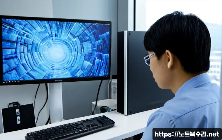 신도림 CLOCK_WATCHDOG_TIMEOUT - Photorealistic IT support workstation in a modern Guro district office tower, dual monitors showing ...