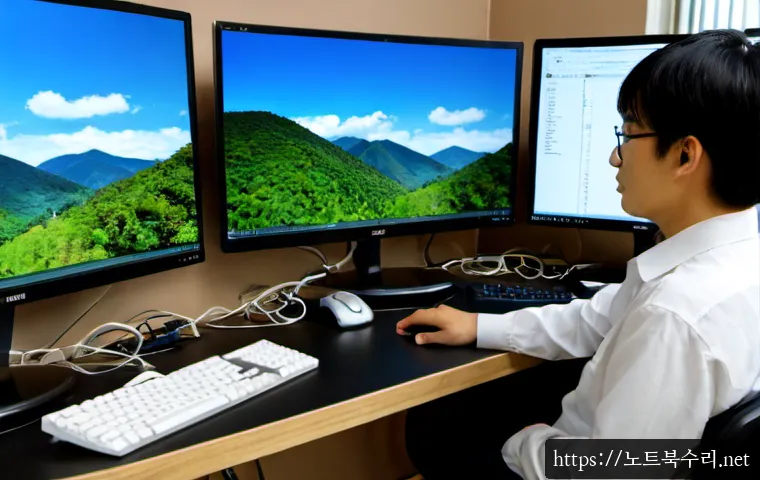 상패동 STATUS_IMAGE_CORRUPTION - Photorealistic remote-support workstation in a small industrial office near low wooded hills, dual m...