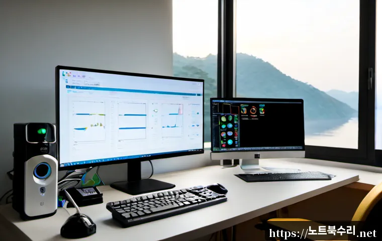 응봉동 STATUS_KERNEL_MODULE_INVALID - Photorealistic IT support workstation in a compact apartment office overlooking a hazy riverside hil...