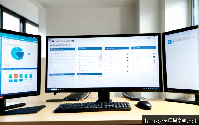 심곡동 MULTIPLE_IRP_COMPLETE_REQUESTS - Photorealistic remote-support workstation in a compact Simok-dong office, dual monitors displaying a...