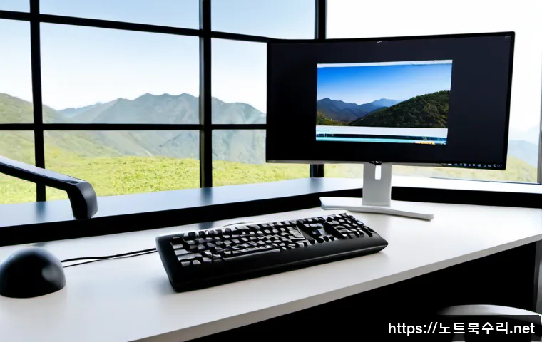 양주시 Press Ctrl Alt Del to restart - Photorealistic IT support workstation in a modern Yangju office, dual monitors showing a clean abstr...