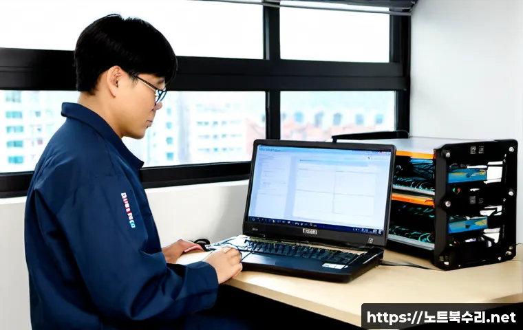 법곳동 서버출장방문수리점 - Photorealistic on-site server repair inside a compact Beopgot-dong office, technician in neutral wor...