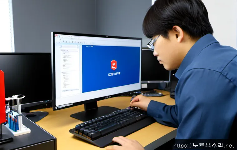 부발읍 STATUS_DISK_WRITE_FAILURE - Photorealistic IT support workstation in a modern suburban Korean office, desktop monitor showing a ...