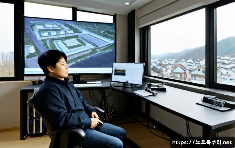 여흥동 STATUS_RESOURCE_NOT_OWNED - Photorealistic remote-support workstation in a quiet Korean suburban office, dual monitors showing a...