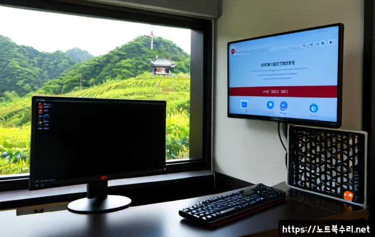 권농동 STATUS_KERNEL_ACCESS_DENIED - Photorealistic remote IT support workstation in a quiet Gyeongju-inspired office, desktop monitor sh...