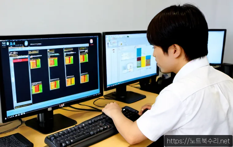 대천동 STATUS_KERNEL_PERMISSION_DENIED - Photorealistic IT support workstation in a compact Daecheon-dong office, dual monitors showing a cle...