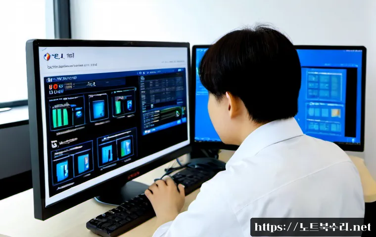 봉익동 DRIVER_CORRUPTED_EXPOOL - Photorealistic IT support workstation in Bongik-dong, dual monitors showing a blank blue diagnostic ...