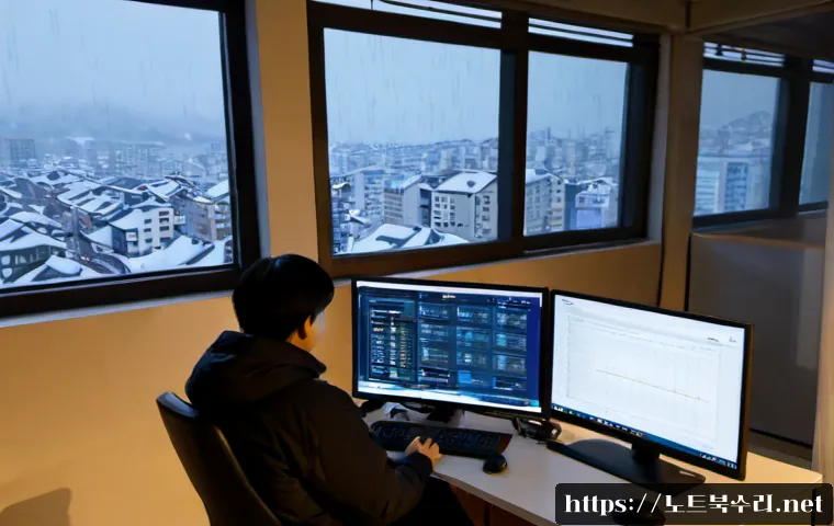 오금동 STATUS_STACK_OVERFLOW - Photorealistic remote-support workstation in a compact Ogeum-dong apartment office, dual monitors sh...