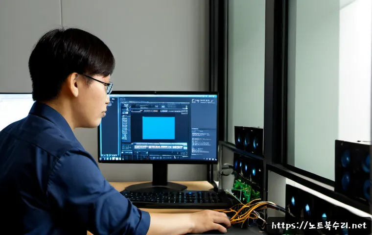 인천시 부팅불가 - Photorealistic IT support workstation in Songdo, Incheon, a desktop computer halted at a dark startu...