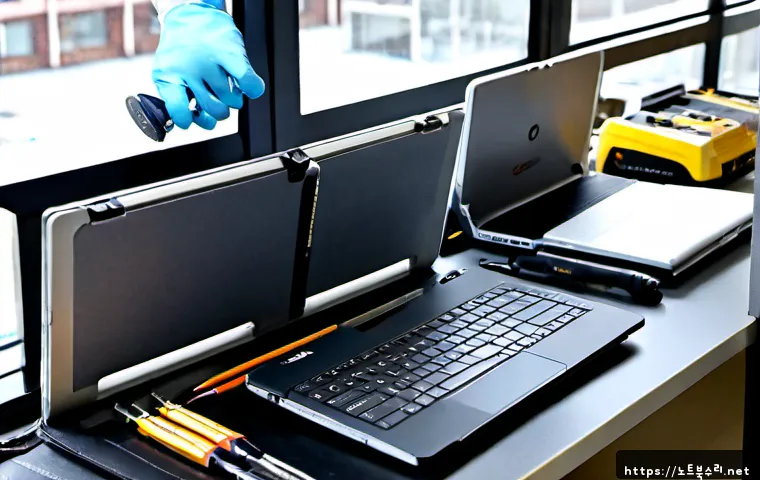 동백동 맥북프로 판매 및 수리 - Photorealistic premium laptop repair bench in a quiet Dongbaek-dong electronics workshop, unbranded ...