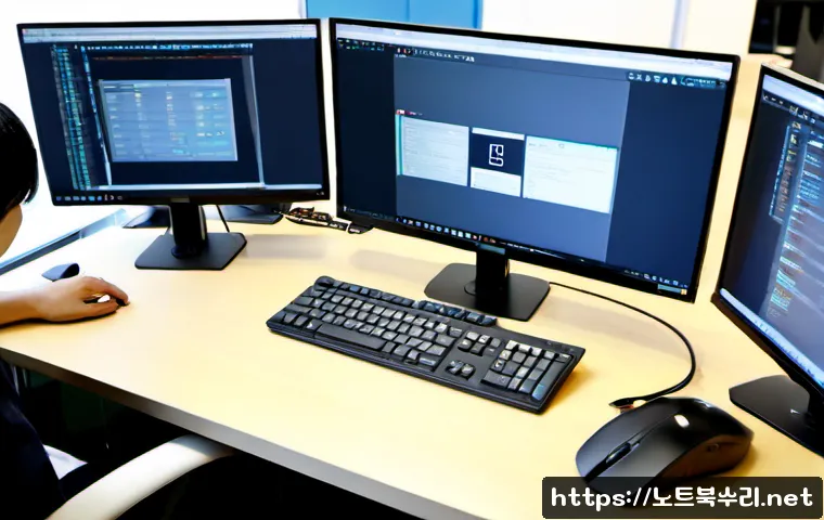 남양읍 STATUS_INVALID_LOCK_SEQUENCE - Photorealistic IT support workstation in a compact industrial-office setting, dual monitors showing ...