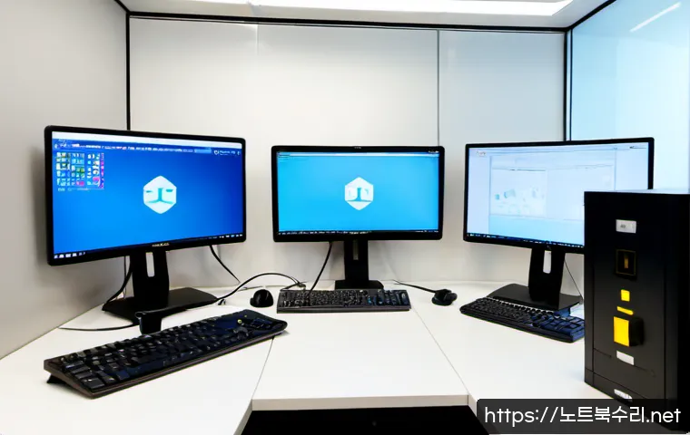 과천시 STATUS_KERNEL_NETWORK_ERROR - Photorealistic IT support workstation in a modern Gwacheon office, dual monitors showing a blank CAD...