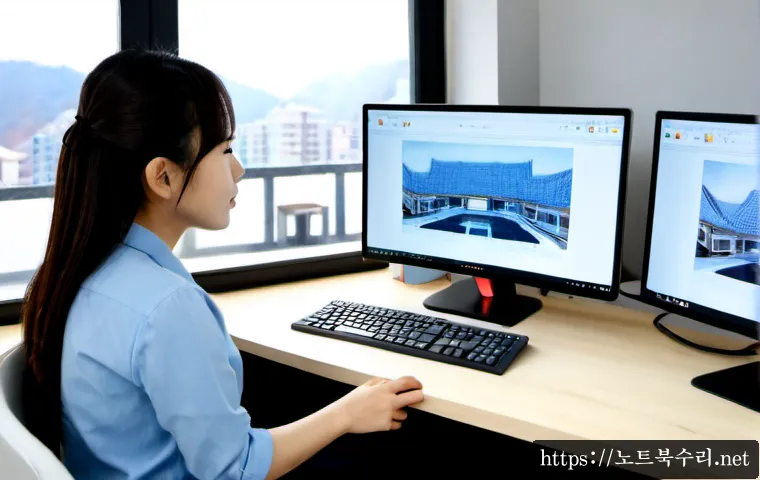 신계동 THREAD_STUCK_IN_DEVICE_DRIVER - Photorealistic architectural CAD workstation in a compact Singyedong design studio, dual monitors sh...
