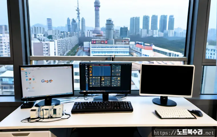 일직동 NMI_HARDWARE_FAILURE - Photorealistic IT support workstation in Iljik-dong, a compact modern office with a high-performance...