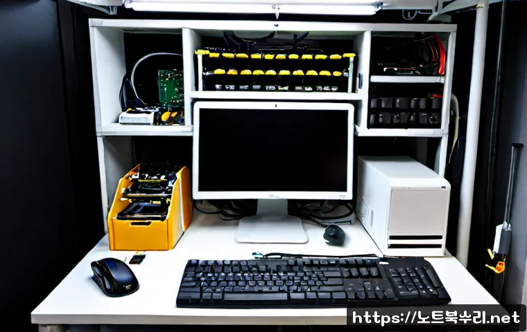 신문로 아이맥 판매 및 수리 - Photorealistic premium desktop computer repair bench in a quiet Seomun-ro electronics studio, slim s...