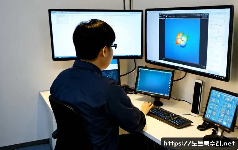 용산구 부팅불가 - Photorealistic IT support workstation in Yongsan, a desktop tower with an unresponsive black boot sc...