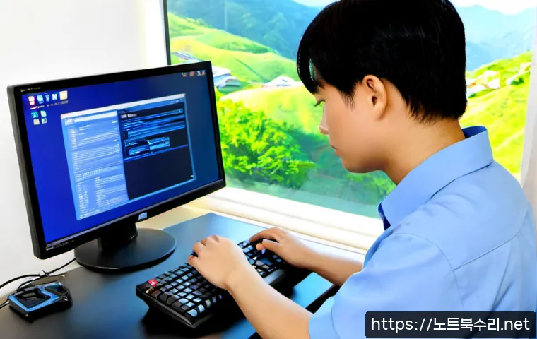 송월동 DPC_WATCHDOG_VIOLATION - Photorealistic remote IT support workstation in Songwol-dong, dual monitors showing a blank cobalt-b...