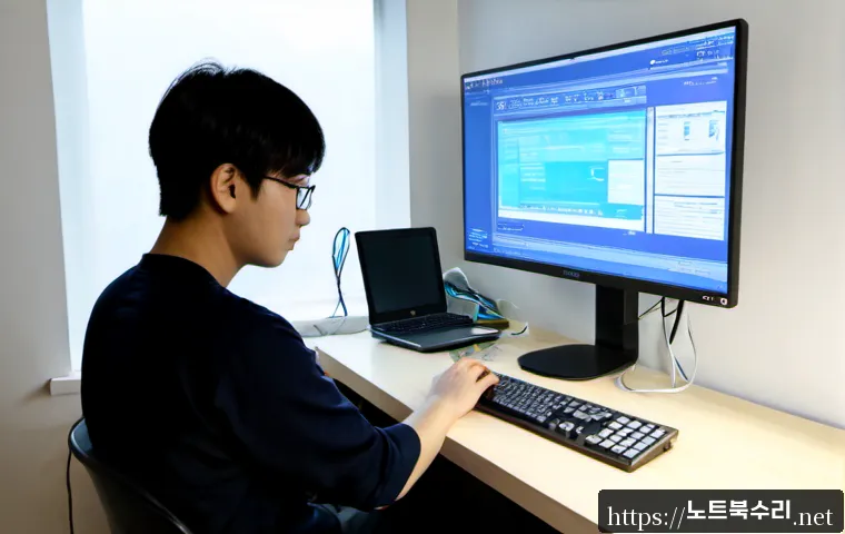 상산곡동 PAGE_TABLE_CORRUPT - Photorealistic remote-support workstation in a compact Korean apartment office, dual monitors showin...