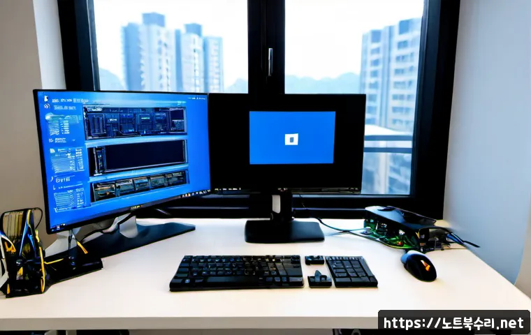 북아현동 THREAD_STUCK_IN_DEVICE_DRIVER - Photorealistic remote IT support workstation in a compact North Ahyeon apartment office, dual monito...