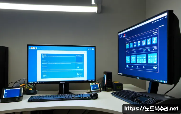 영등포동 PAGE_FAULT_IN_NONPAGED_AREA - Photorealistic IT support workstation in a compact Yeongdeungpo office, dual monitors showing a blan...