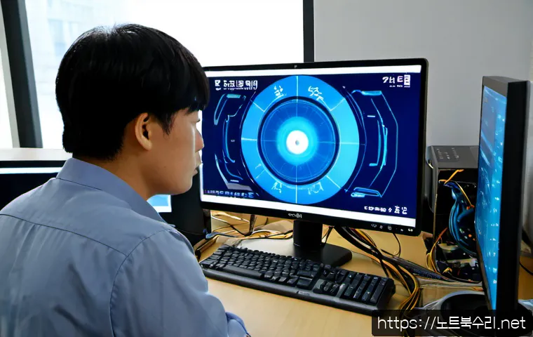 와동동 STATUS_KERNEL_DATA_CORRUPTION - Photorealistic IT support workstation in a compact Wadong-dong apartment office, dual monitors showi...