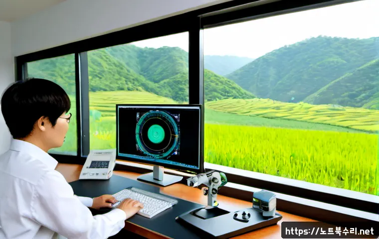 금광면 STATUS_FLOAT_INVALID_OPERATION - Photorealistic software support workstation in a quiet rural Korean office, dual monitors showing a ...