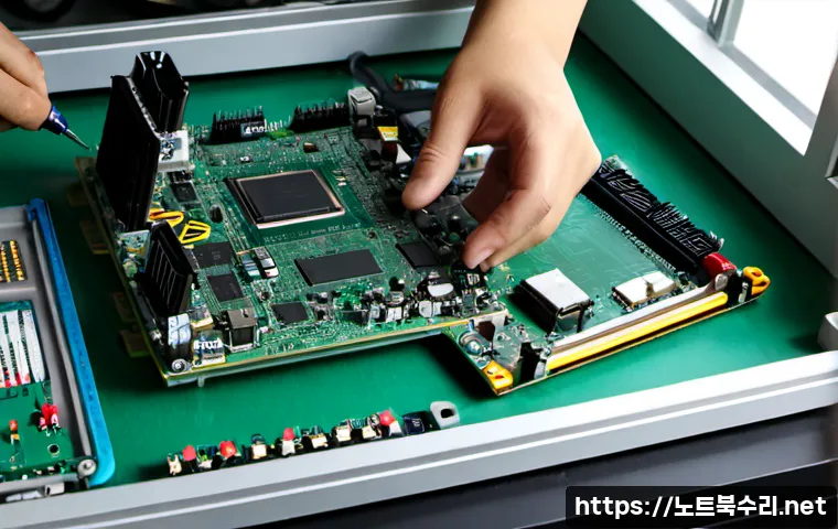원남동 메인보드조립 및 교체수리 - Photorealistic electronics repair workstation in Wonam-dong, Seoul, technician carefully installing ...