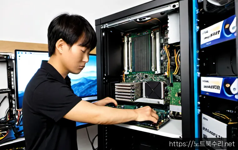 반정동 VGA조립 및 교체수리 - Photorealistic PC repair workstation in a compact Hwaseong neighborhood electronics shop, technician...