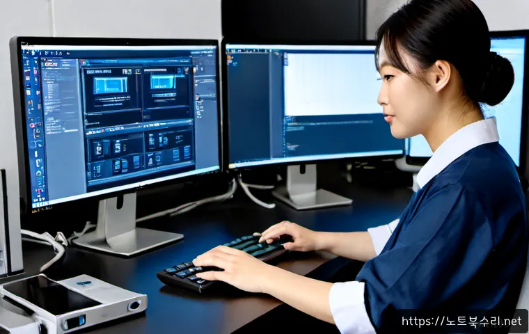 중면 공장초기화복구 - Photorealistic remote support workstation in a compact industrial office, technician using a desktop...