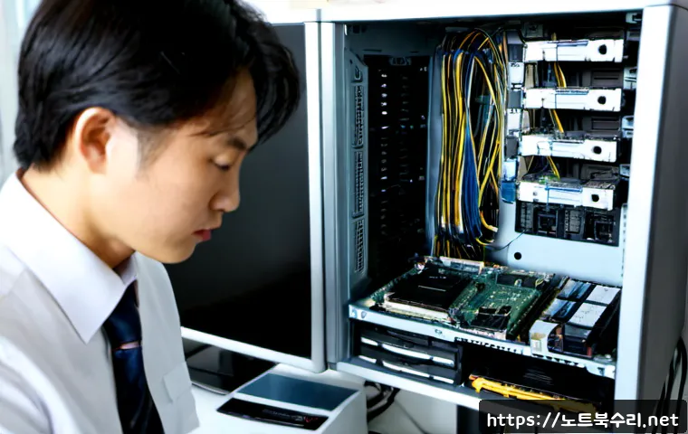 안양동 STATUS_DISK_READ_FAILURE - Photorealistic IT support workstation in Anyang-dong, opened desktop tower with a failed hard drive ...