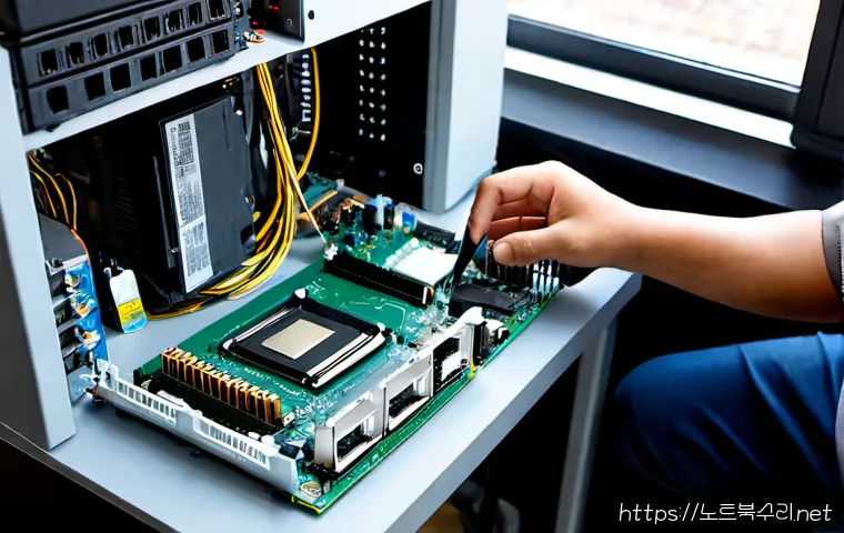청호동 cpu조립 및 교체수리 - Photorealistic desktop PC repair bench in a compact neighborhood computer workshop, technician caref...