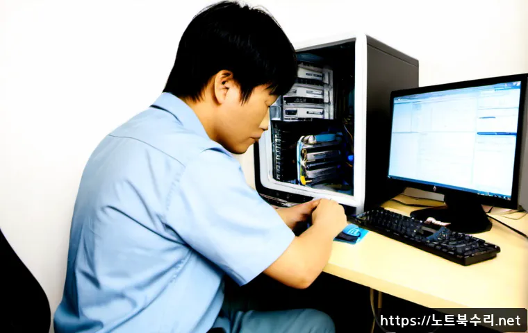 북수동 bootdevice - Photorealistic computer repair workstation in a compact Buk-sudong office, technician examining an o...