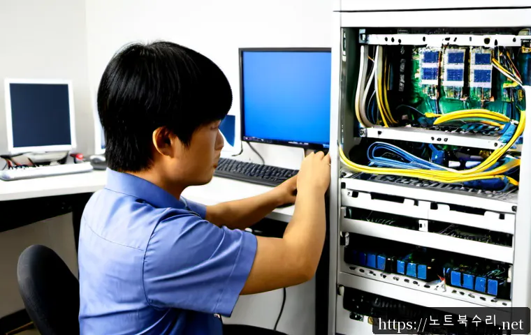 월피동 server출장방문수리점 - Photorealistic on-site server repair in a compact Wolpidong office, technician replacing a rack-moun...