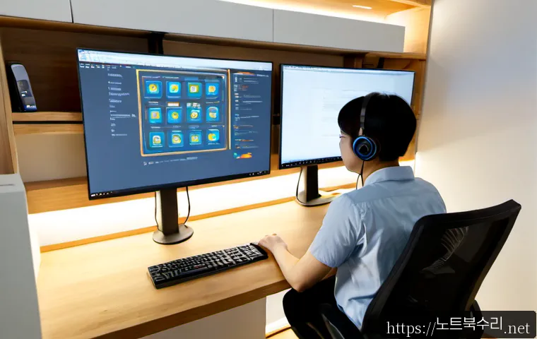 포동 STATUS_FLOAT_UNDERFLOW - Photorealistic remote-support workstation in a compact apartment office, dual monitors showing a cle...