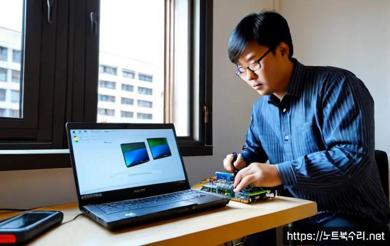 대방동 노트북 laptop 출장방문수리점 - Photorealistic laptop repair workstation in a compact Daebang-dong apartment, skilled visiting techn...