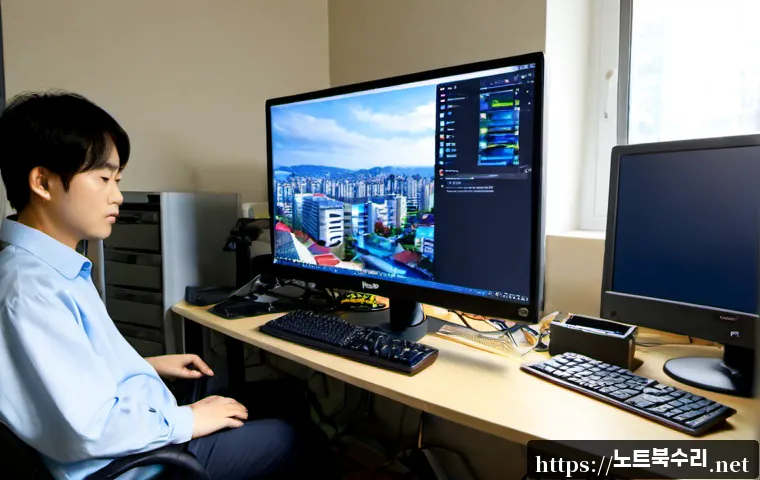 계수동 pc복구중 - Photorealistic PC recovery workstation in a compact Korean neighborhood repair office, technician ca...