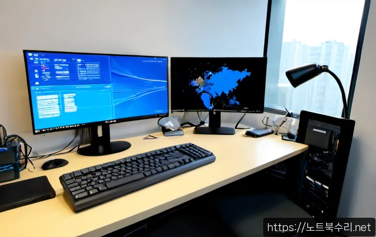 오도동 STATUS_KERNEL_STACK_CORRUPTION - Photorealistic IT support workstation in a compact Odo-dong office, dual monitors showing an abstrac...