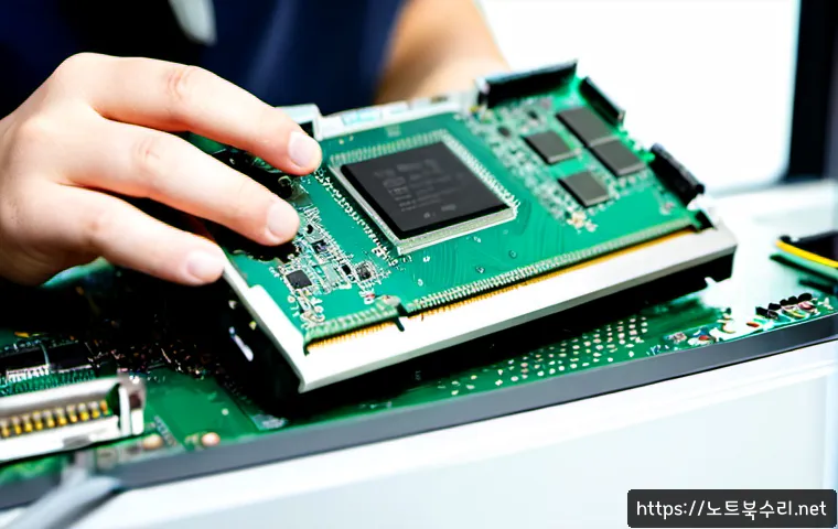 다동 RAM조립 및 교체수리 - Photorealistic close-up of a skilled computer technician installing matched RAM modules into a compa...