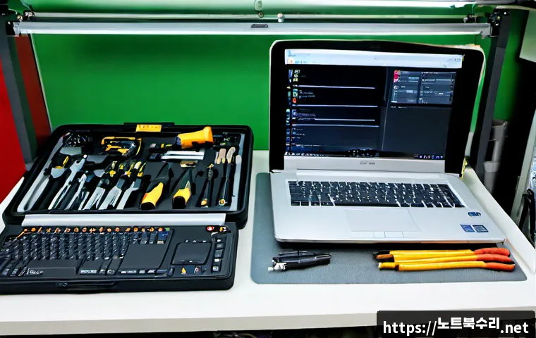 용문동 맥북에어 판매 및 수리 - Photorealistic compact computer repair bench in a Yongmun-dong neighborhood electronics workshop, sl...