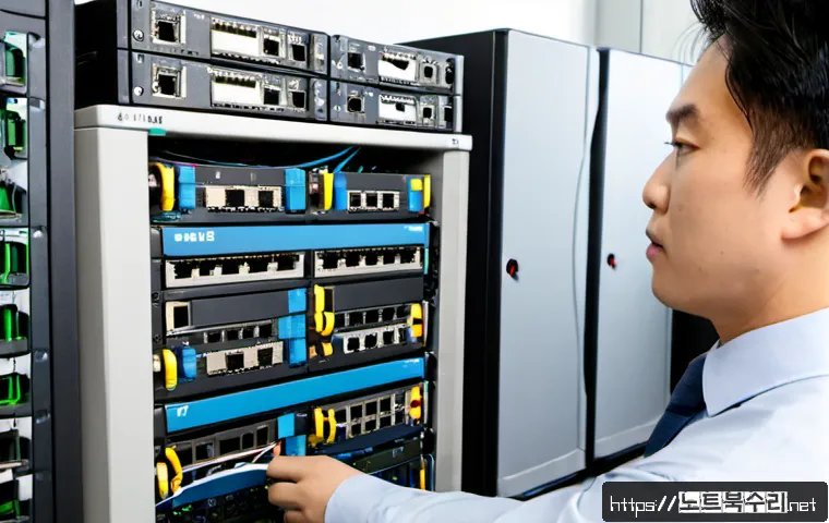작전동 ftp서버출장방문수리점 - Photorealistic on-site FTP server repair in a compact office near Jakjeon-dong, technician connectin...
