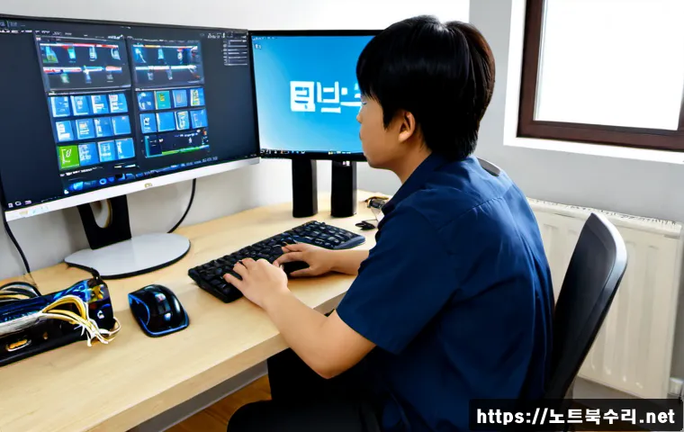 기산동 컴퓨터 desktop 출장방문수리점 - Photorealistic desktop computer repair technician servicing an open tower PC at a tidy home office w...