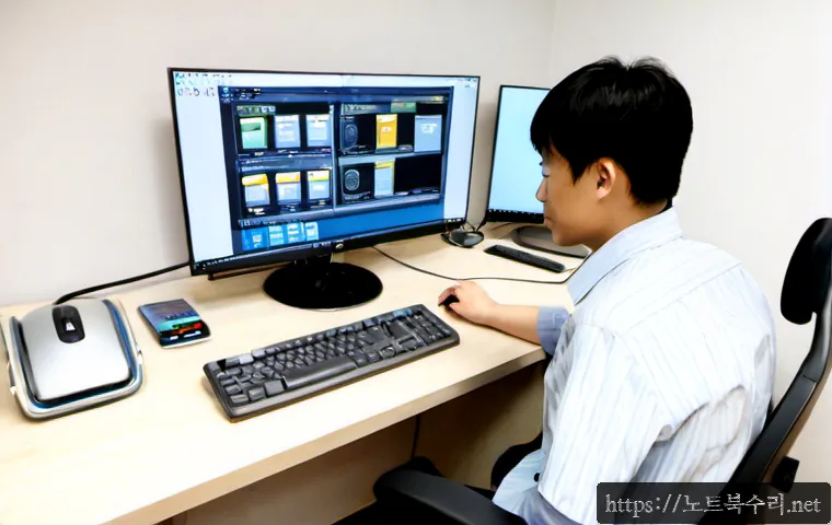 석관동 STATUS_PROTECTION_ERROR - Photorealistic remote-support workstation in a compact Seokgwan-dong apartment office, dual monitors...