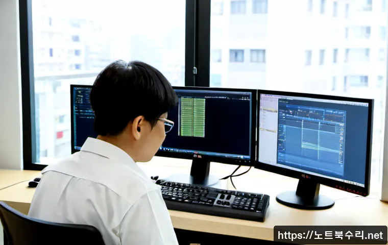 소사본동 THREAD_TERMINATION_PORT - Photorealistic remote-support workstation in a compact Sosa-bon-dong office, dual monitors showing a...