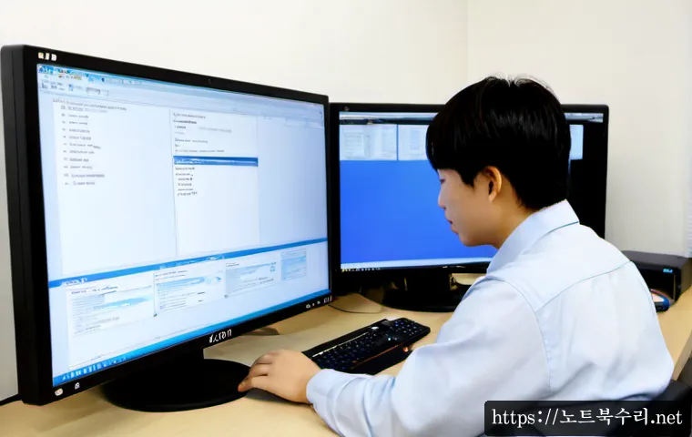 남구 STATUS_SYSTEM_FILE_MISSING - Photorealistic IT support workstation in a Nam-gu office, dual monitors showing a blank operating sy...