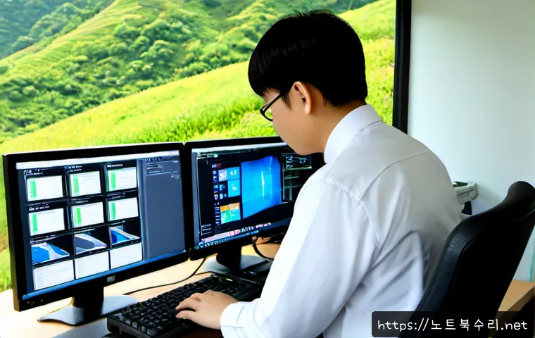 구기동 STATUS_IO_ERROR - Photorealistic IT support workstation in a quiet hillside office near Gugi-dong, dual monitors showi...