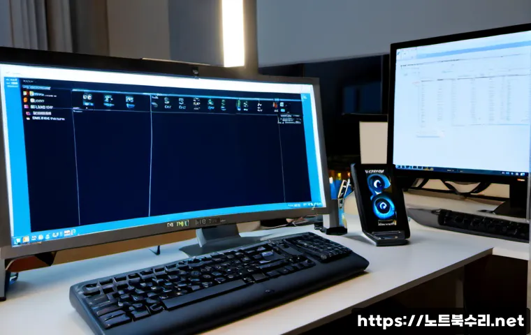 봉천동 SYSTEM_THREAD_EXCEPTION_NOT_HANDLED - Photorealistic IT support workstation in a compact hillside apartment office, dual monitors showing ...